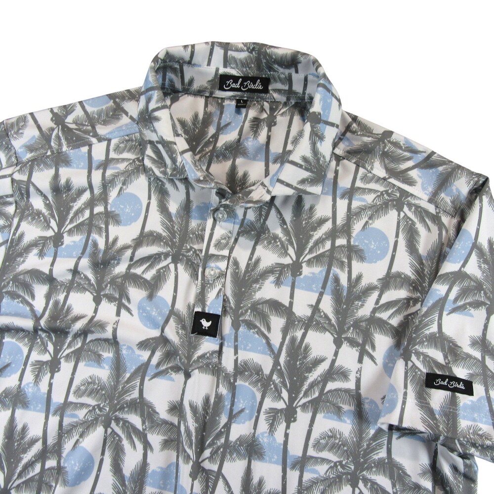 Bad Birdie Mens Polo Shirt L Blue Gray Allover Palm Trees Tropical Stretch‎